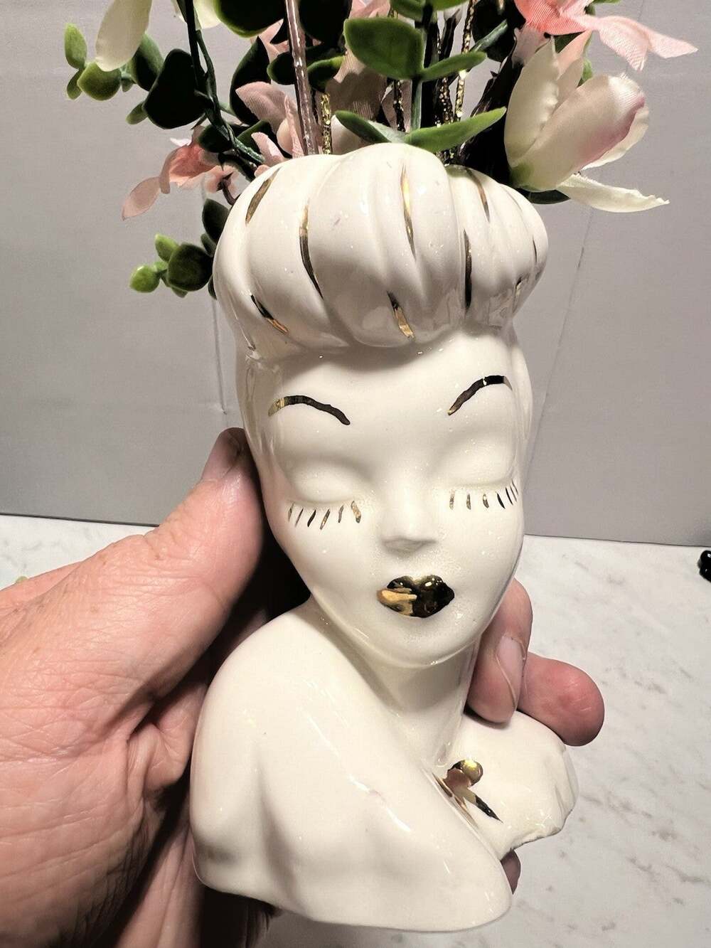 Vintage Ceramic Lady Head Vase Glamour Girl Gold Accents (purple Smug)